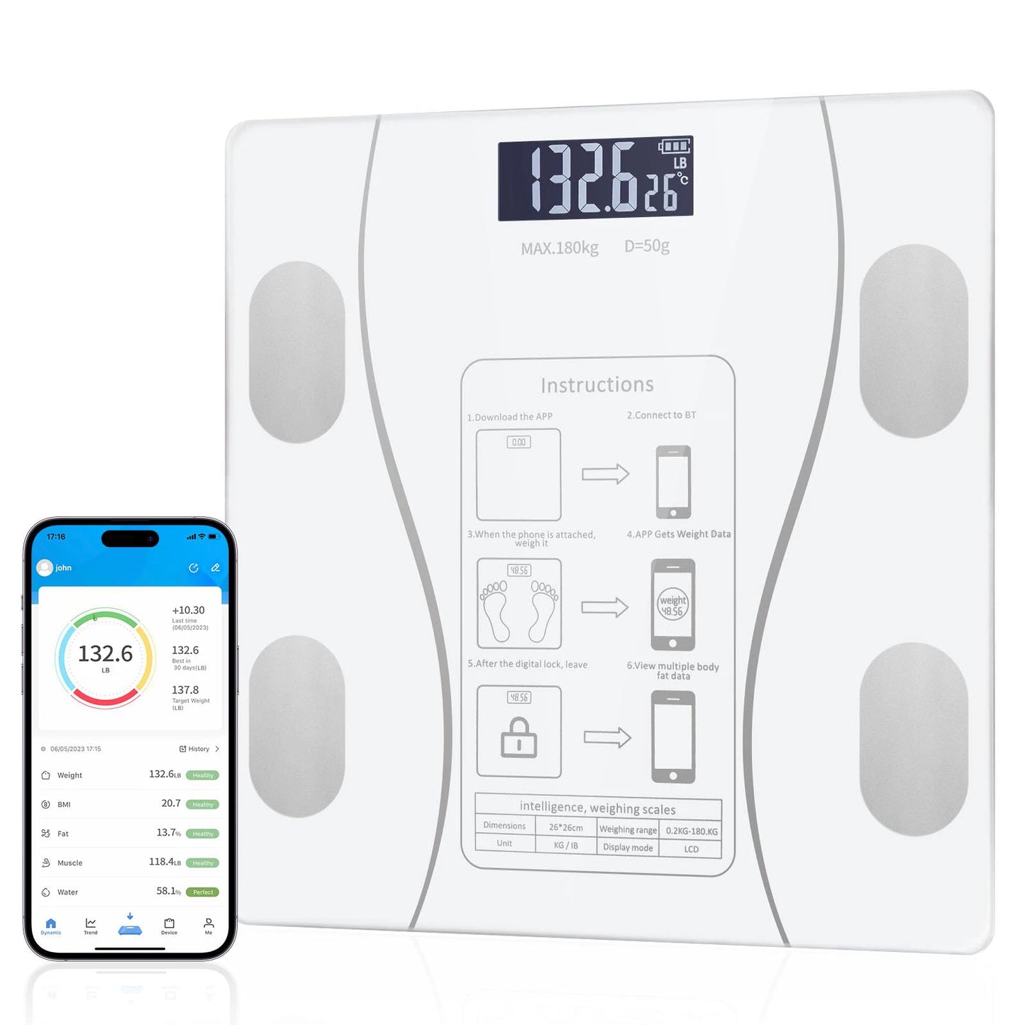 Intelligent Bathroom Scale, Digital Weight Scale, Can Be Connected to APP for Recording and Analysis, Max180Kg/400Lb