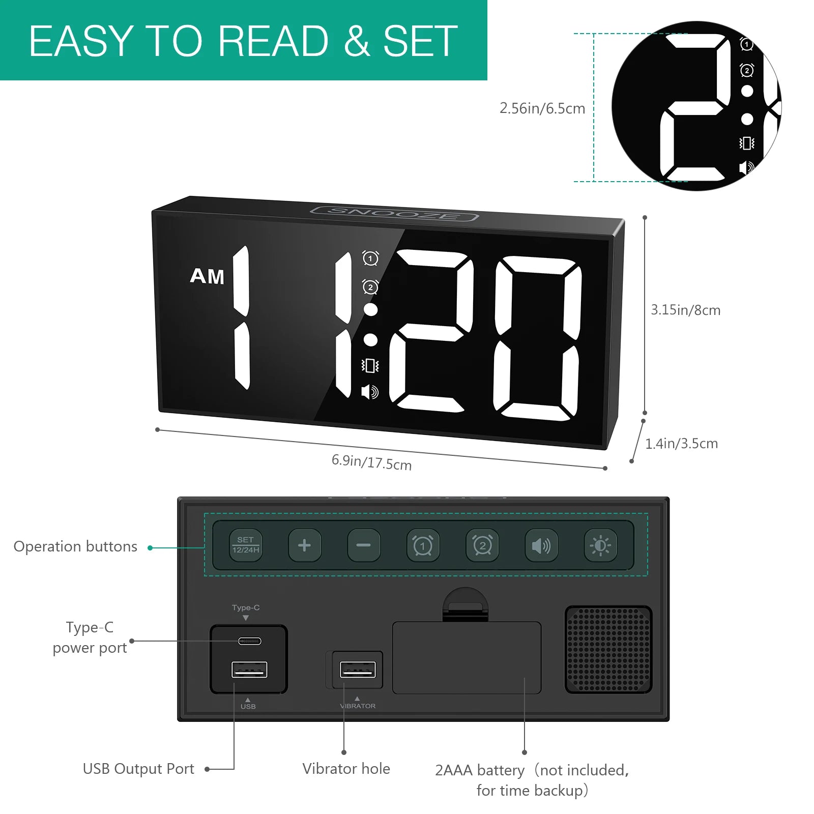 Vibrating Alarm Clock 7.5'' Large Display LED Clock Loud Alarm Clock with Bed Shaker for Heavy Sleepers Hearing Impaired