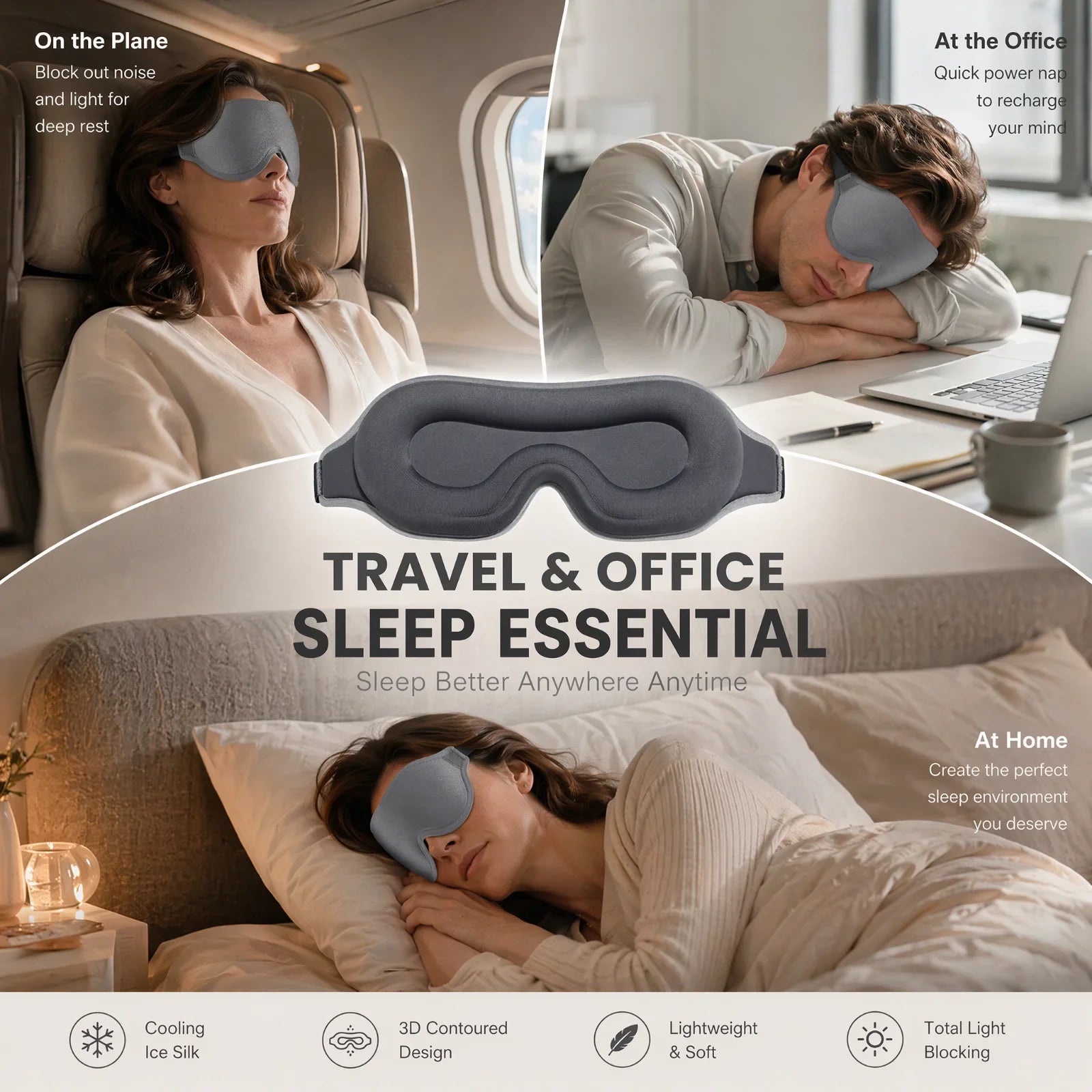 3D Cooling Sleep Mask Ice Silk Blackout Eye Mask 99.9% Light Blocking Zero Pressure Eye Cover Adjustable Strap Travel Nap Soft