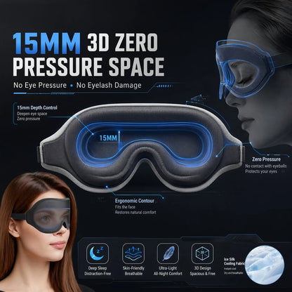 3D Cooling Sleep Mask Ice Silk Blackout Eye Mask 99.9% Light Blocking Zero Pressure Eye Cover Adjustable Strap Travel Nap Soft