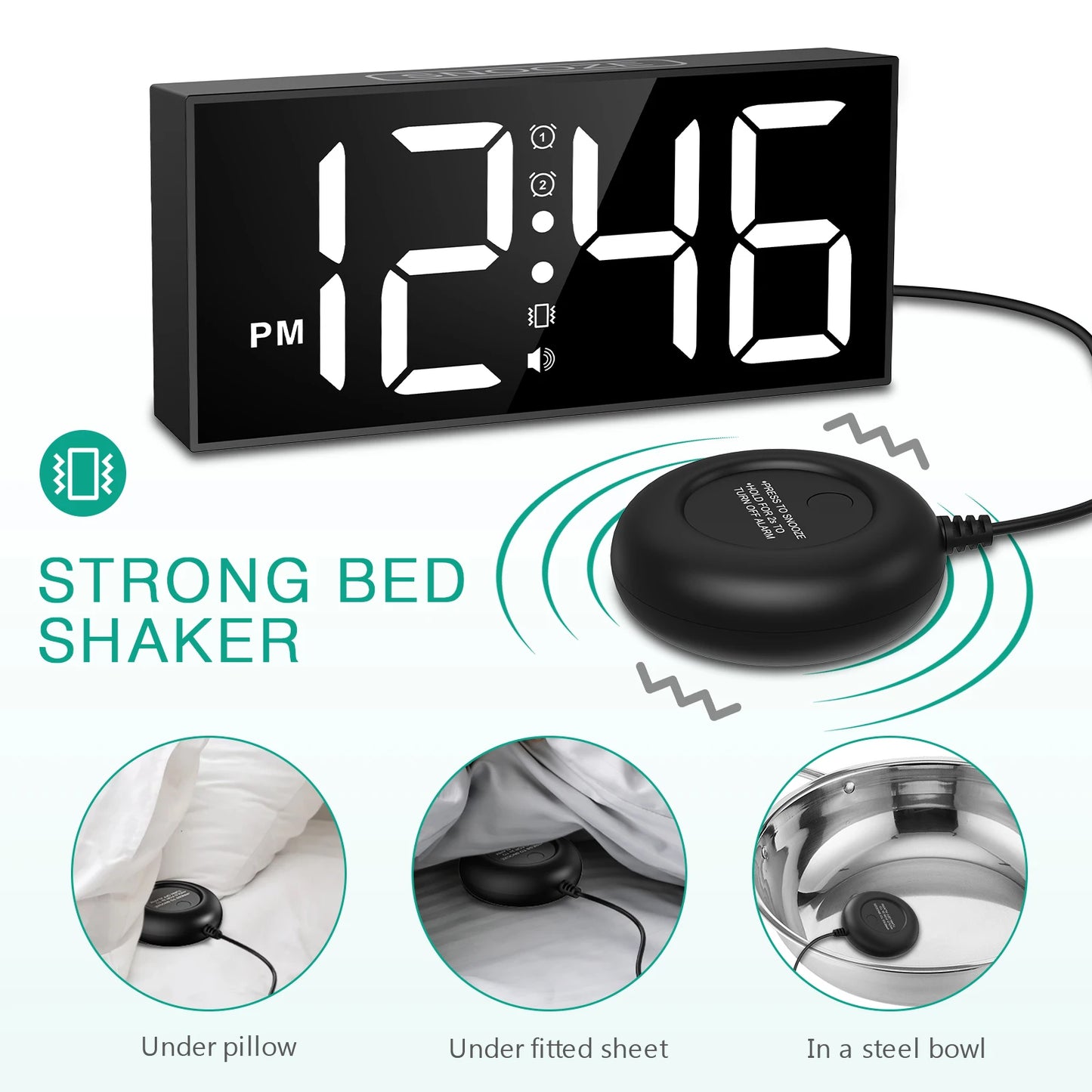 Vibrating Alarm Clock 7.5'' Large Display LED Clock Loud Alarm Clock with Bed Shaker for Heavy Sleepers Hearing Impaired