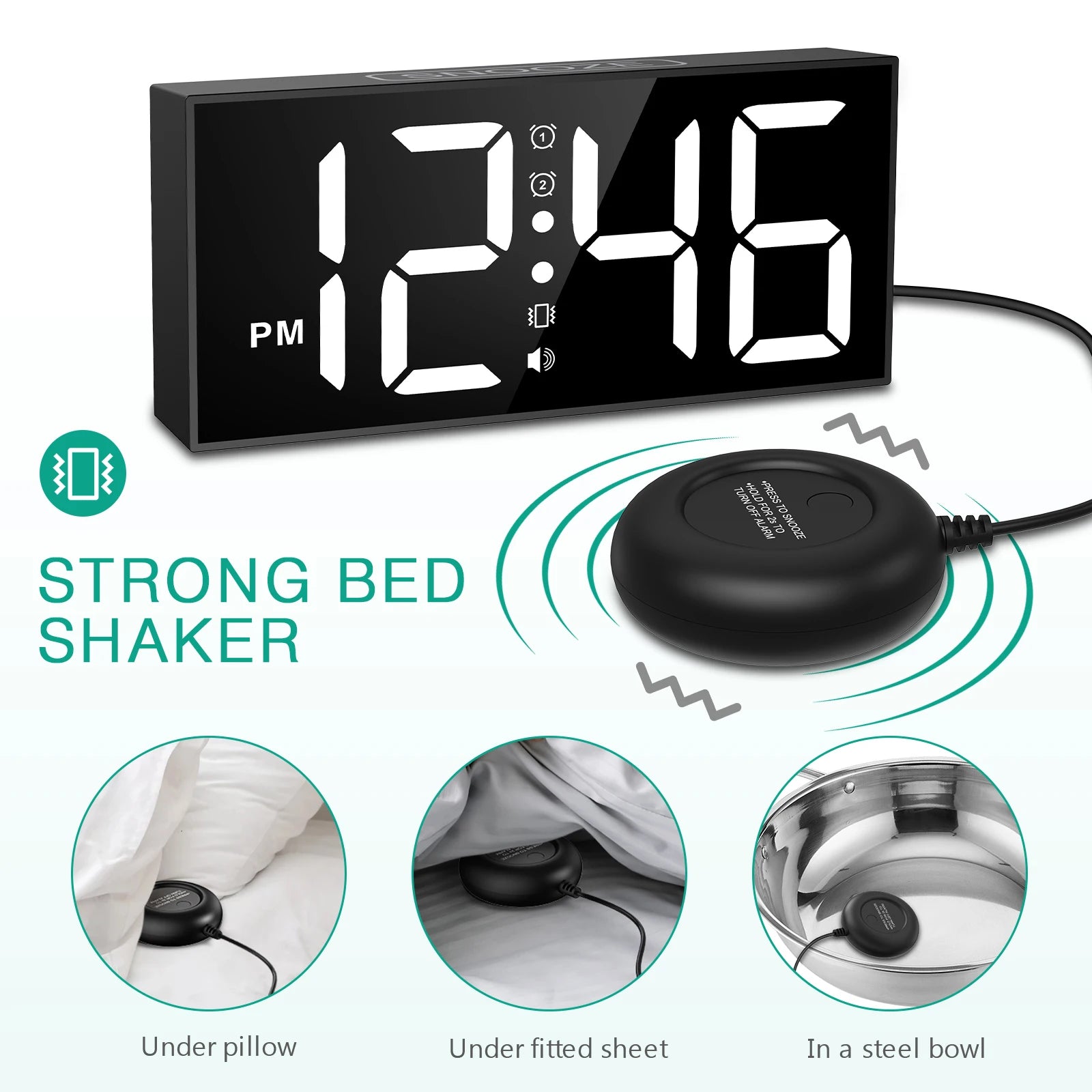 Vibrating Alarm Clock 7.5'' Large Display LED Clock Loud Alarm Clock with Bed Shaker for Heavy Sleepers Hearing Impaired