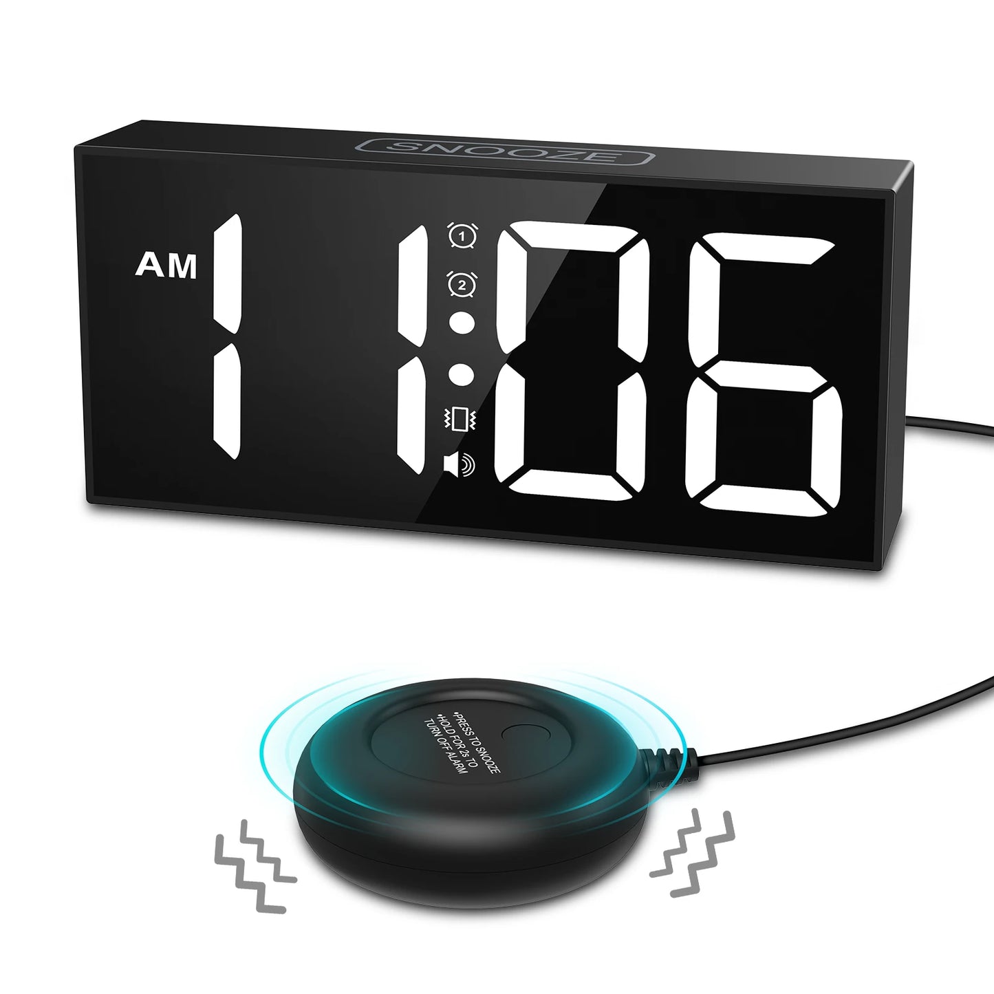 Vibrating Alarm Clock 7.5'' Large Display LED Clock Loud Alarm Clock with Bed Shaker for Heavy Sleepers Hearing Impaired