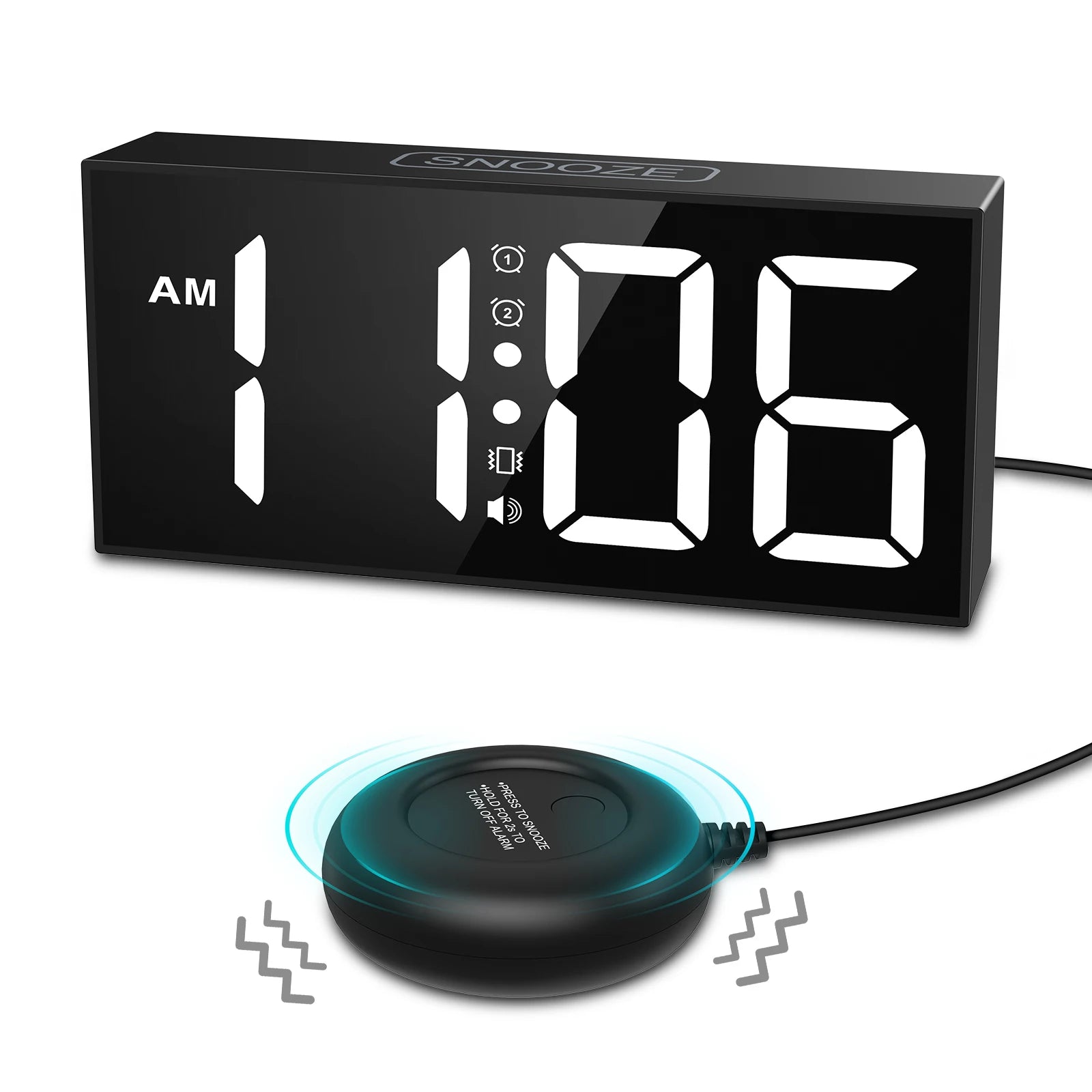 Vibrating Alarm Clock 7.5'' Large Display LED Clock Loud Alarm Clock with Bed Shaker for Heavy Sleepers Hearing Impaired