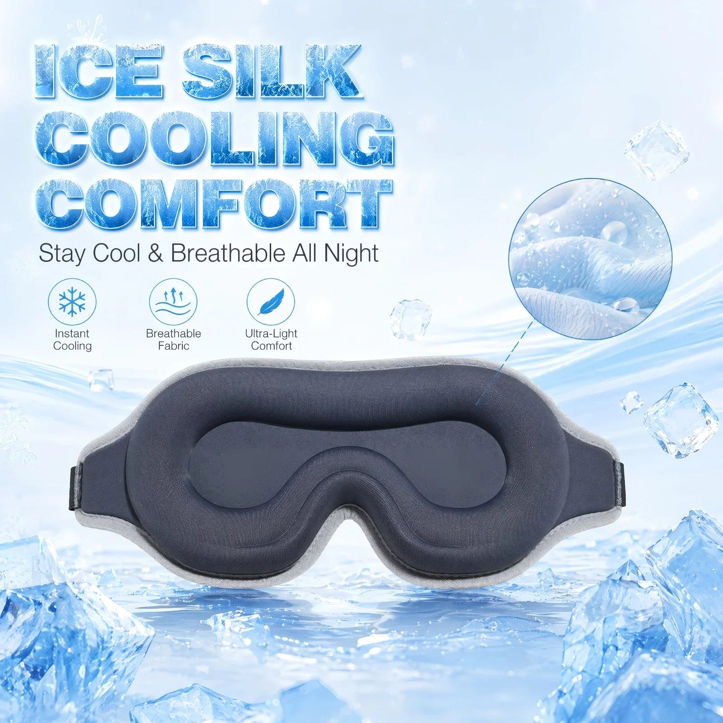 3D Cooling Sleep Mask Ice Silk Blackout Eye Mask 99.9% Light Blocking Zero Pressure Eye Cover Adjustable Strap Travel Nap Soft